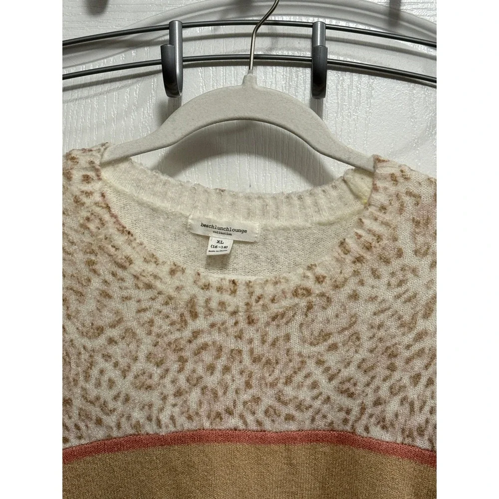 beachlunchlounge‎ Collection Leopard Print Striped Sweater Women's XL Tan Pink